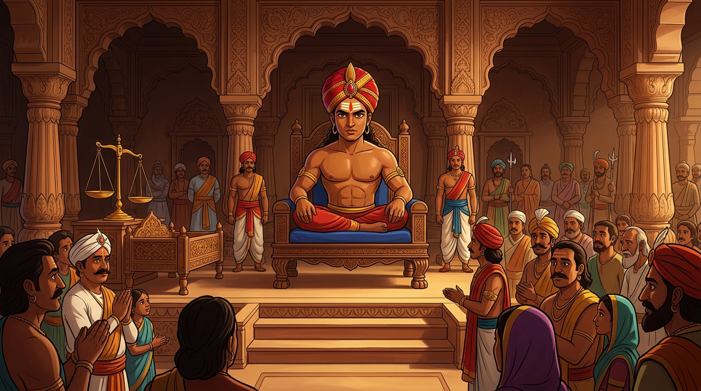 In the grand audience hall of Ujjayini, Vikramaditya sits on his throne before a legal dispute