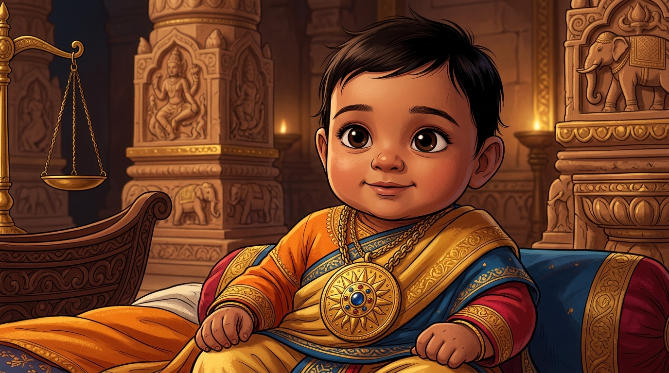 A beautiful six-month-old baby boy with dark innocent eyes wearing a sun medallion