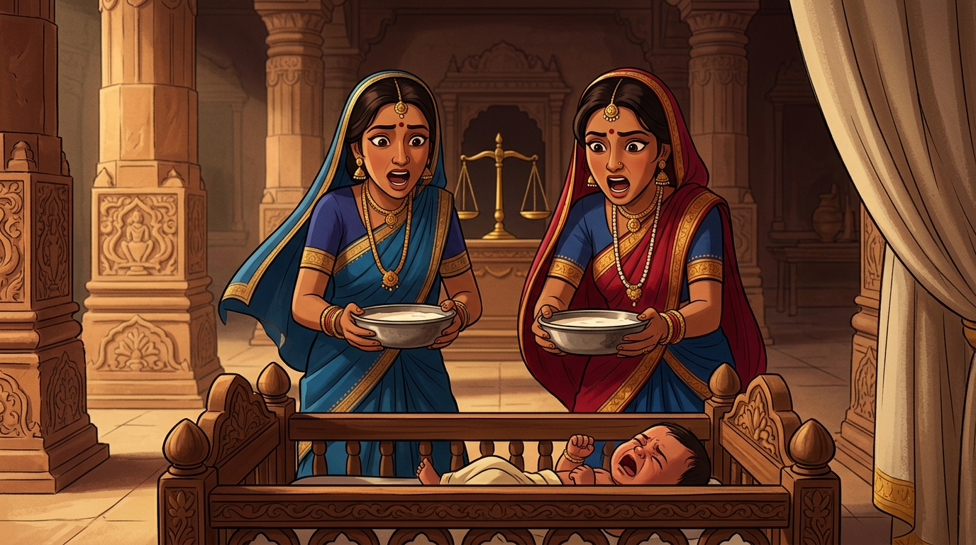 When the infant cries of hunger, both women rush forward with bowls of milk
