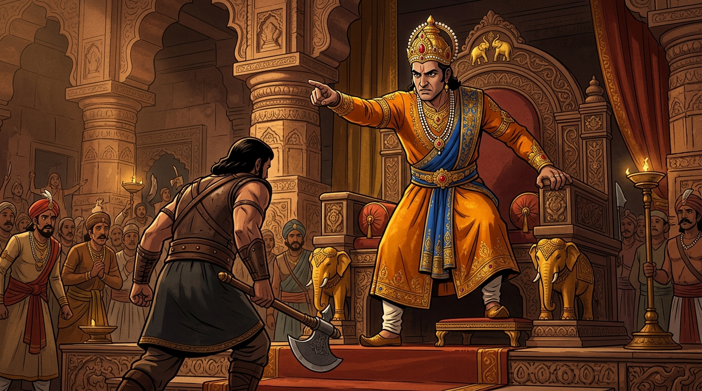 Emperor Vikramaditya rises from his royal throne with stern, cold authority