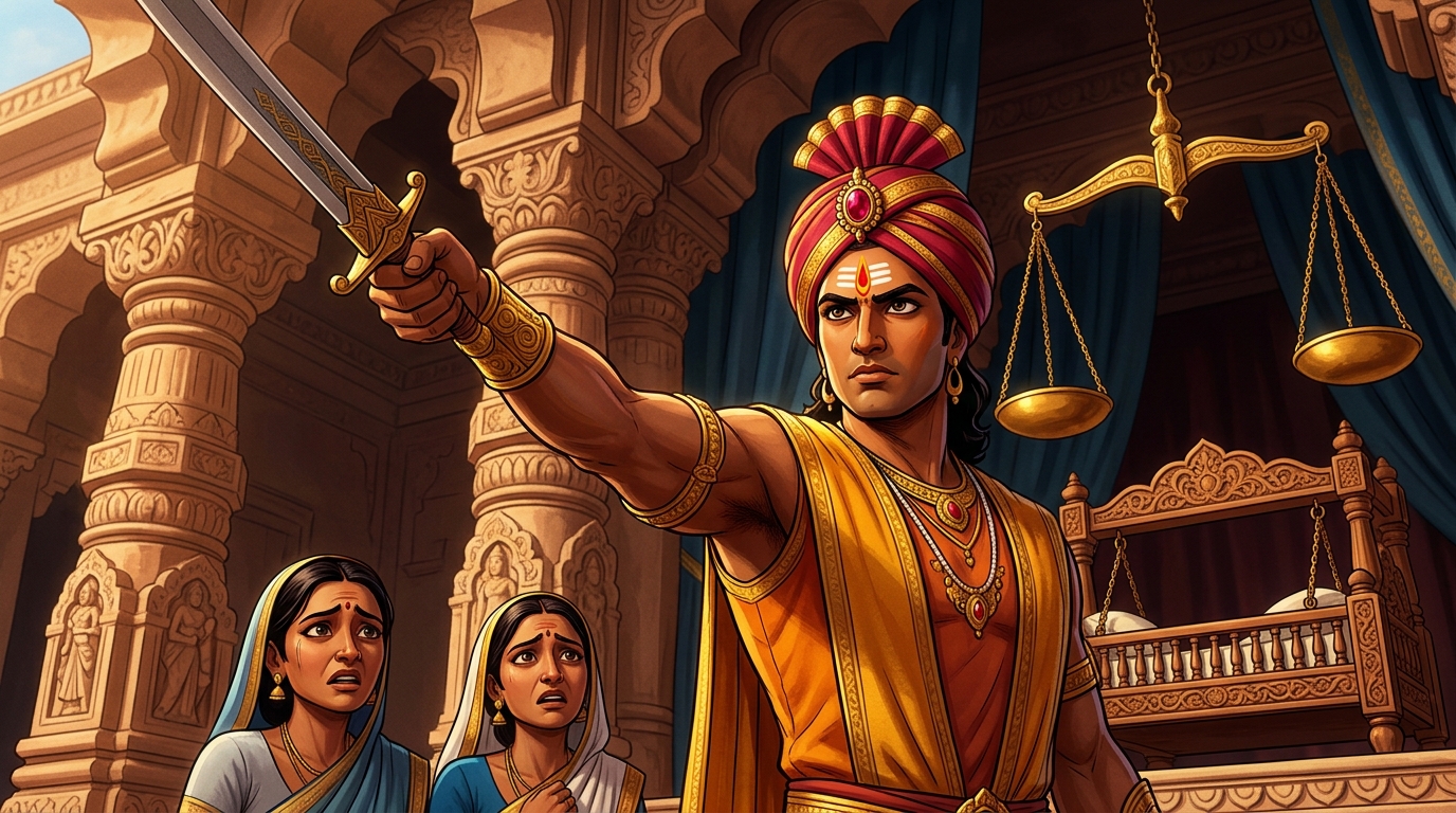 Vikramaditya raises his sword, proclaiming: 'Let the child be sliced in half with one stroke!'