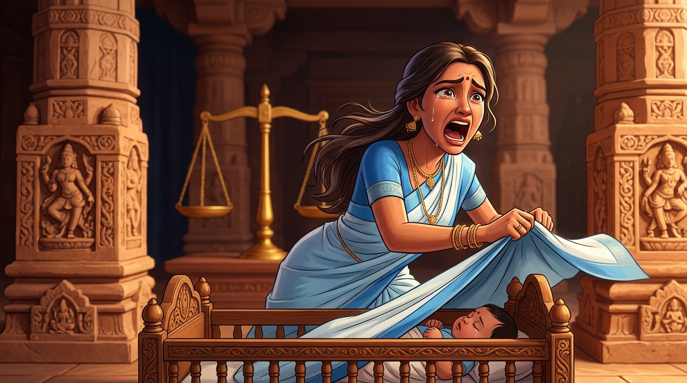 Mother Gunavati screams in unbearable agony, throwing her body over the cradle