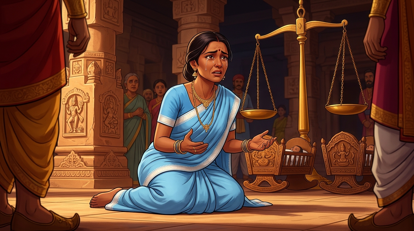 Gunavati weeps at Vikramaditya's feet: 'Spare my child! Give the living baby to her!'