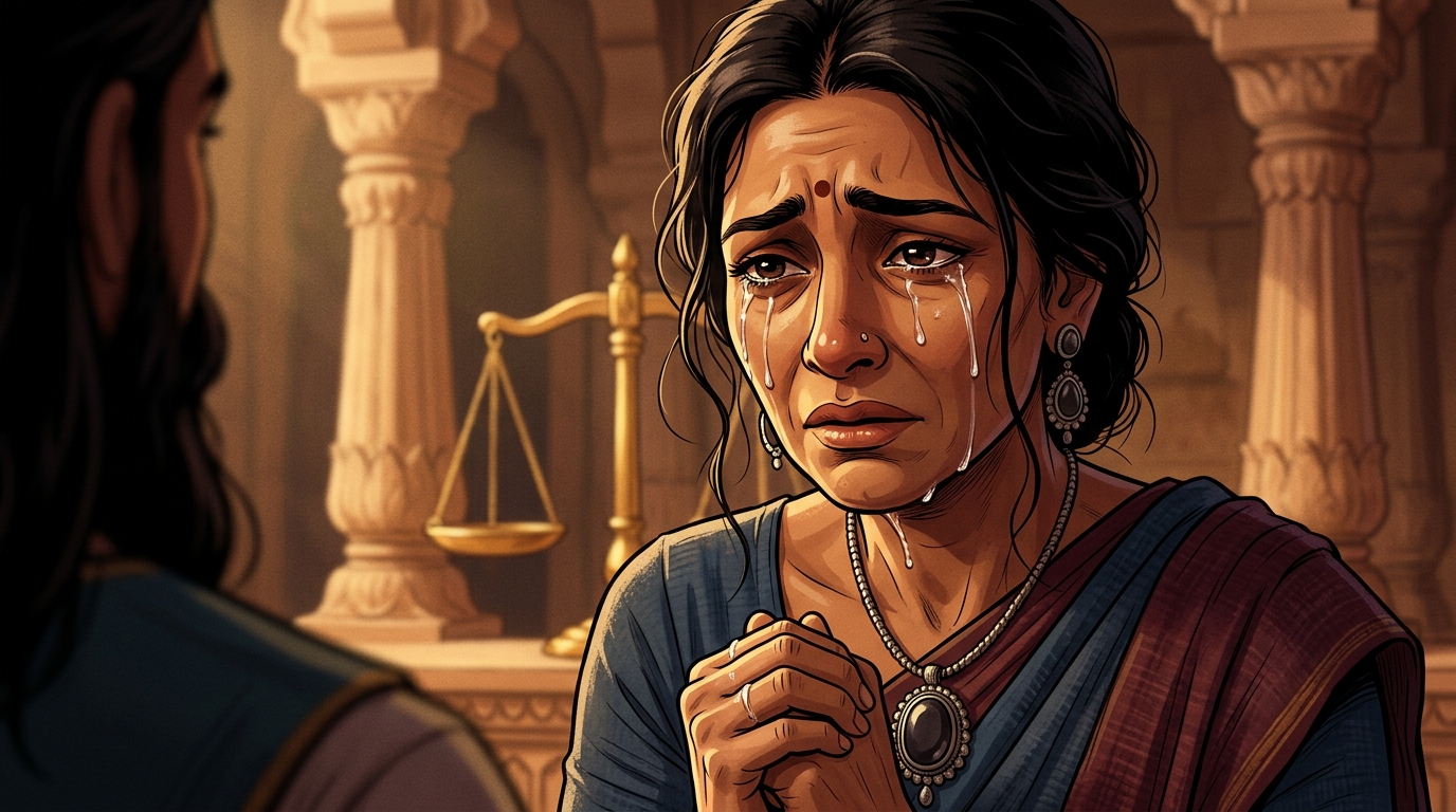 Tears stream down Gunavati's face as she renounces her claim to save the infant's life