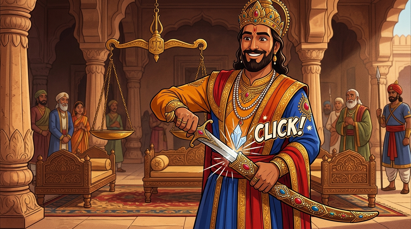 Vikramaditya smiles with profound satisfaction, sheathing his sword with a crystalline click