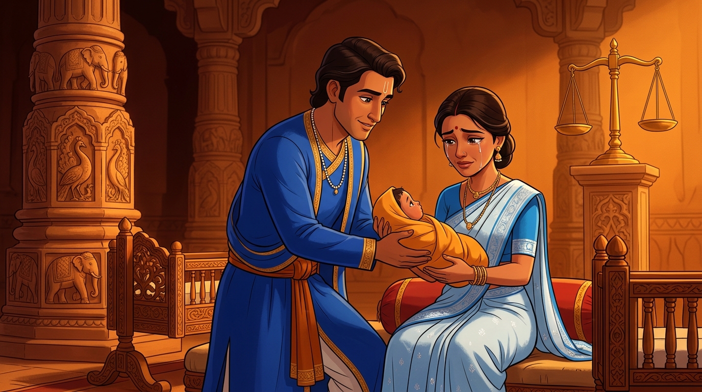 Vikramaditya gently lifts the baby boy from the cradle and places him in Gunavati's arms