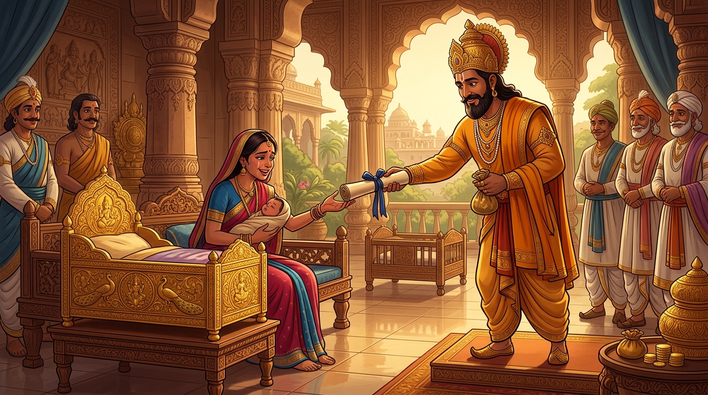 Vikramaditya gifts the mother a magnificent carved golden cradle (Suvarna-Palana)