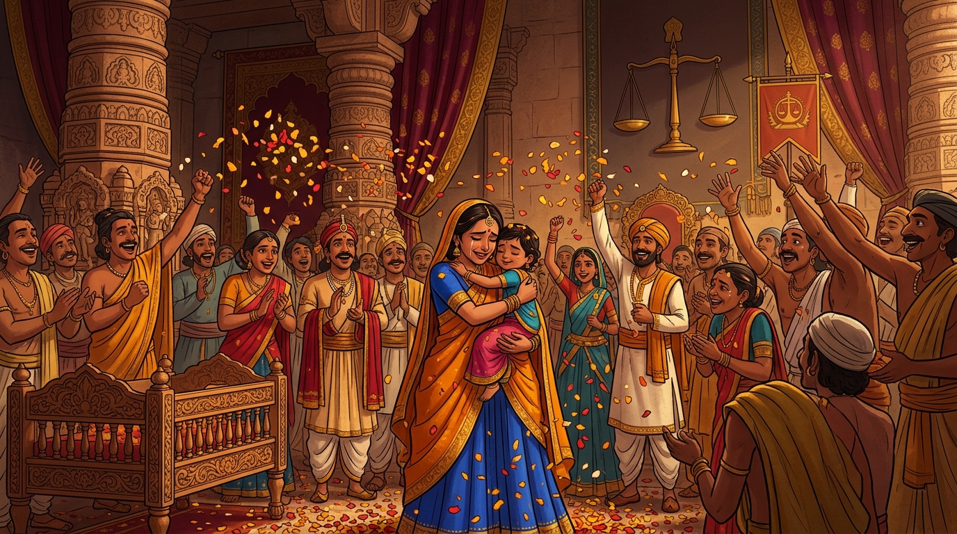 The entire assembly of Ujjayini erupts in thunderous cheering, showering flowers