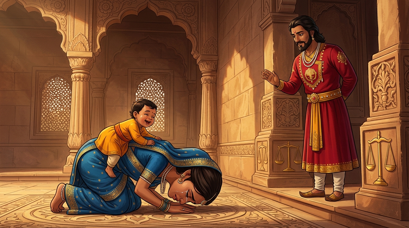 Gunavati bows in tears of eternal devotion before Emperor Vikramaditya