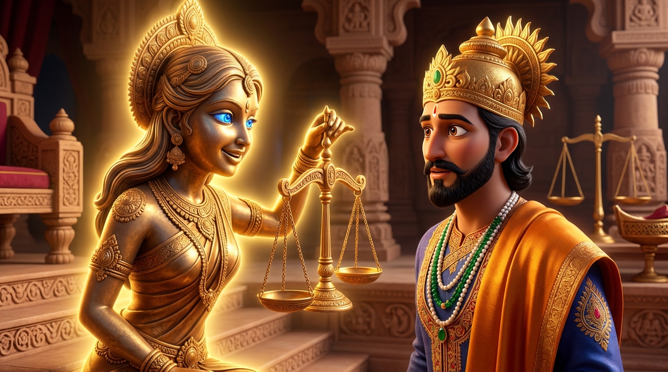 Back in Dharanagari palace, Anuradhika looks directly at King Bhoja with sapphire-azure eyes