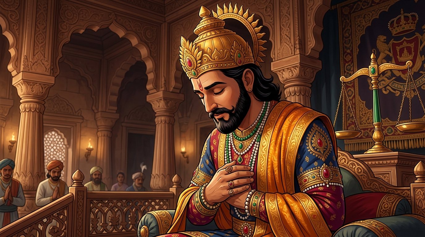 King Bhoja lowers his head in deep humility and introspection, acknowledging Vikramaditya's wisdom