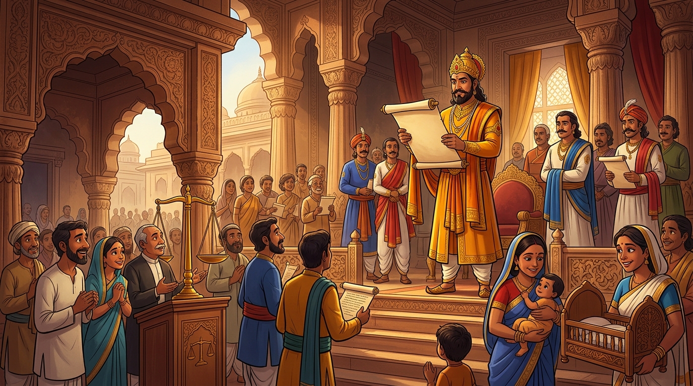 King Bhoja issues royal proclamations establishing free legal aid courts
