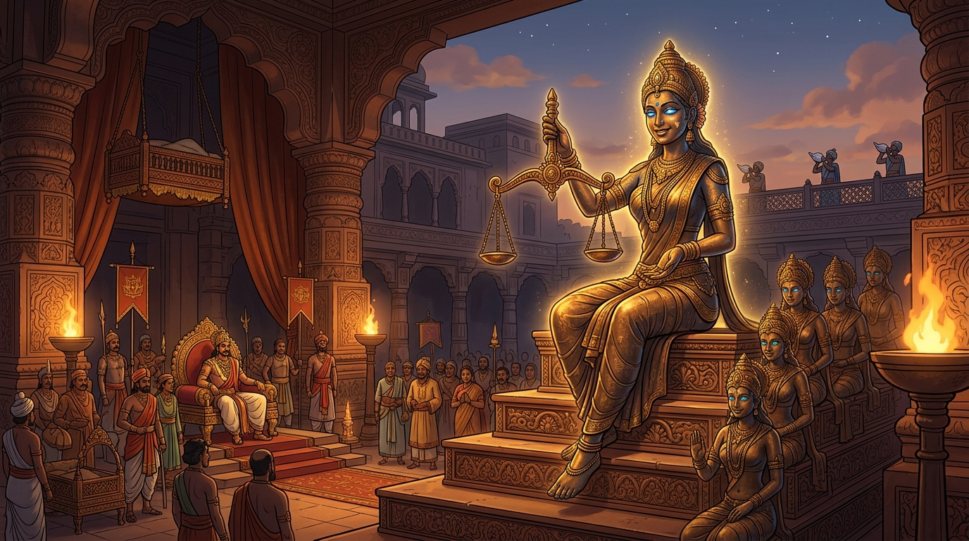 Twilight conches sound across Dharanagari as Anuradhika smiles and freezes back into silent bronze
