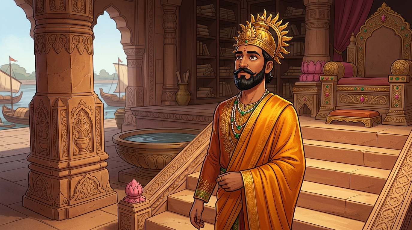 King Bhoja in sacred saffron silks approaches the tenth step of the throne