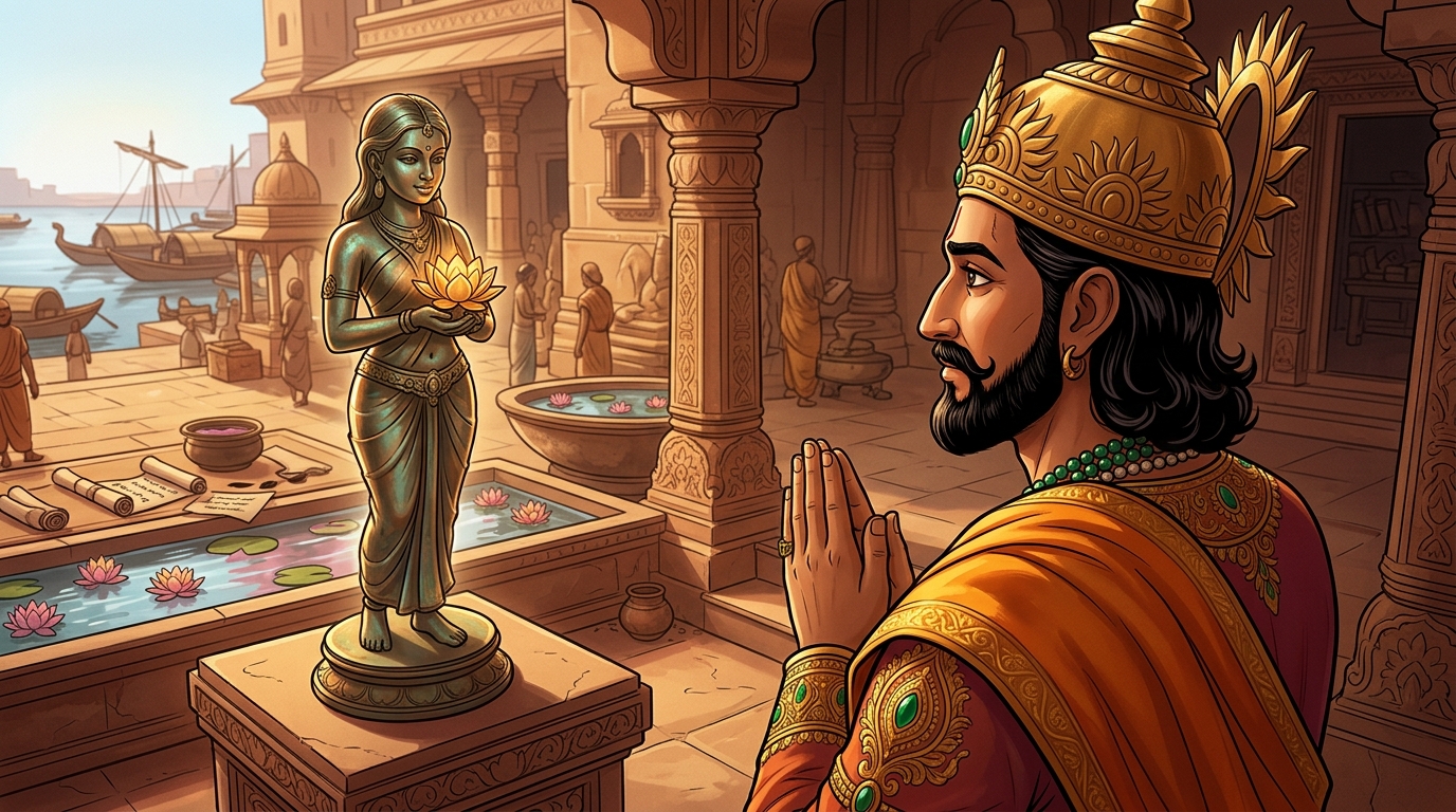 King Bhoja halts in deep reverence with folded hands, gazing at the living bronze maiden