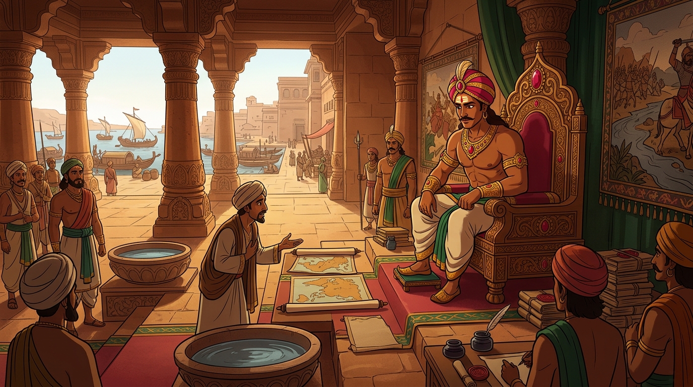 In the grand audience hall of Ujjayini, Vikramaditya listens to an urgent petition