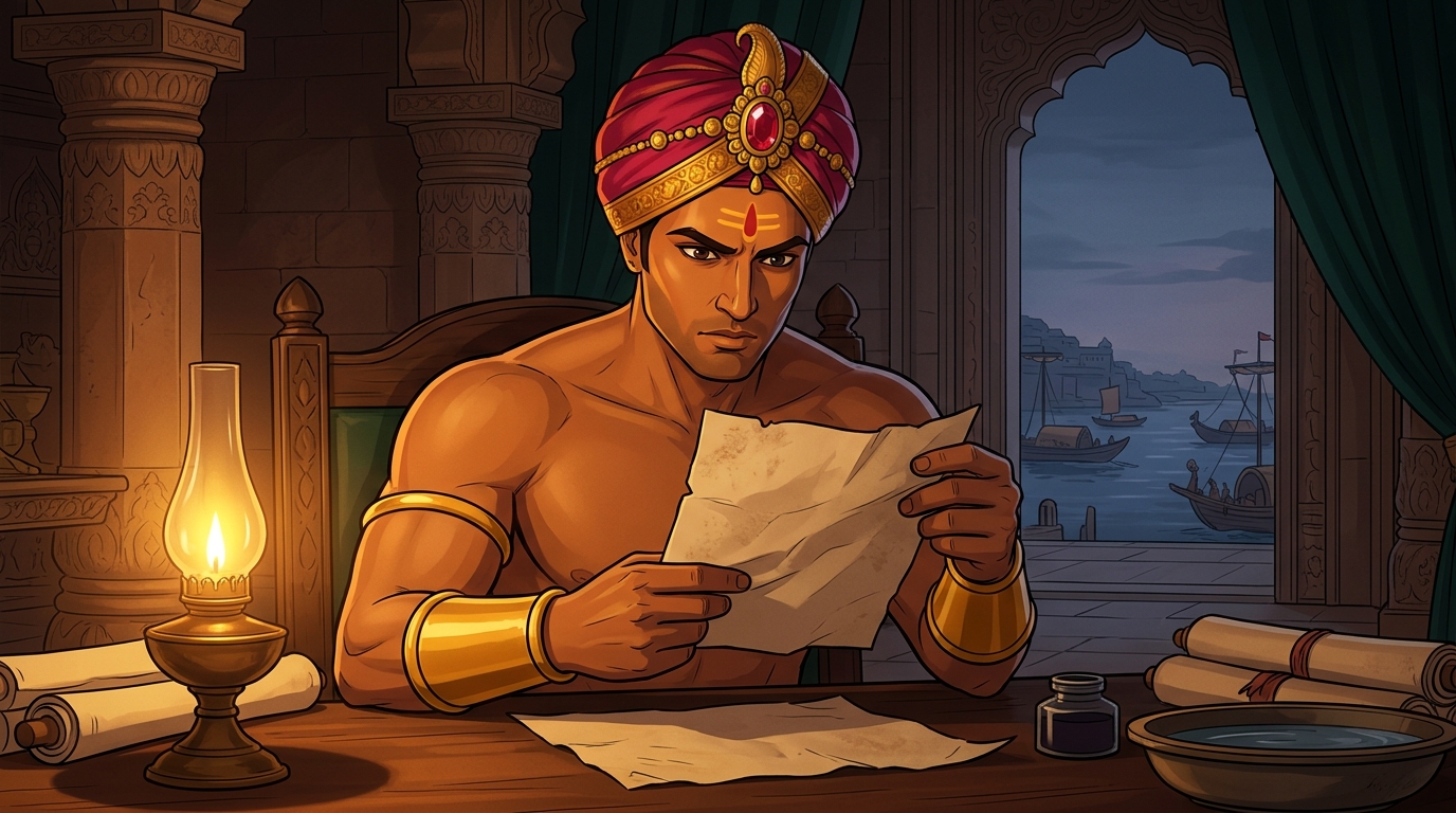 Vikramaditya examines the document under the lamp, suspecting foul play