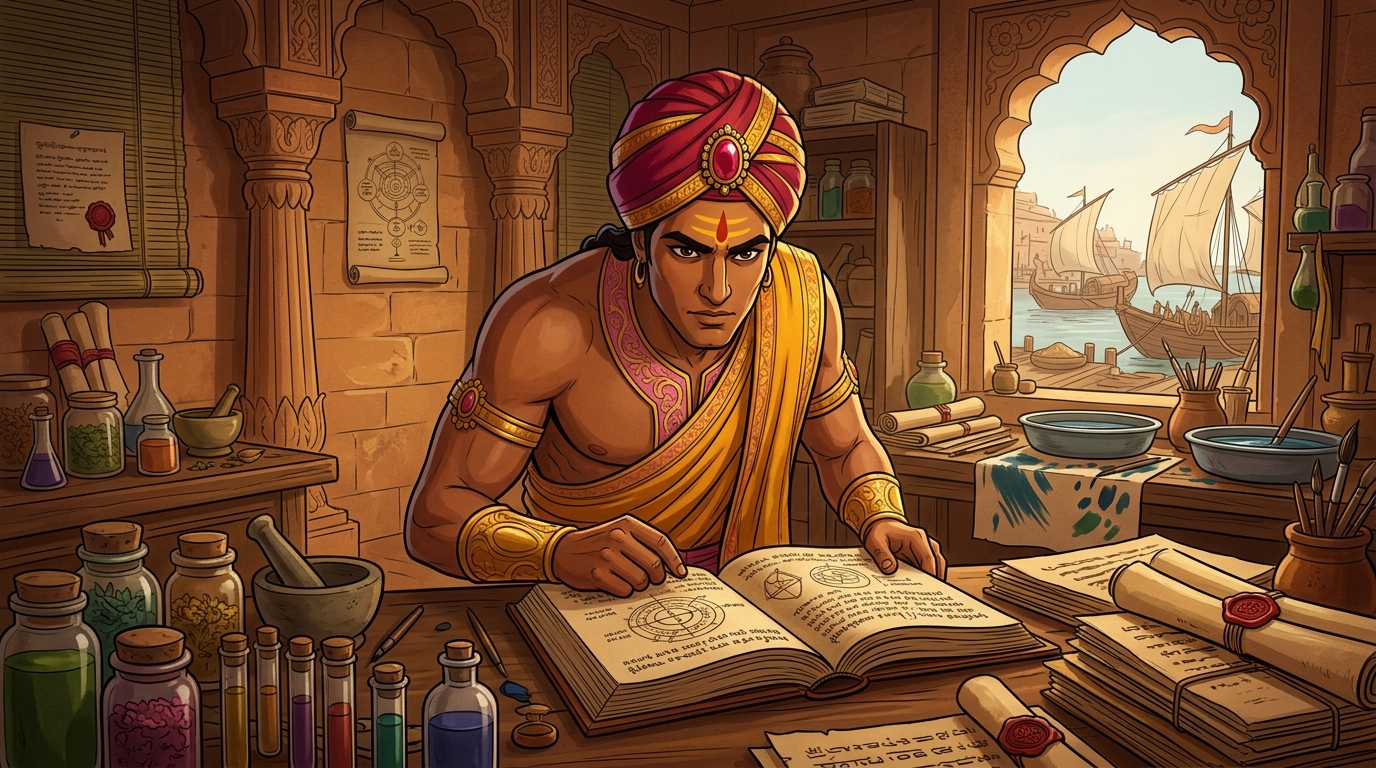 In his private alchemical study, Vikramaditya consults ancient manuscripts on ink chemistry