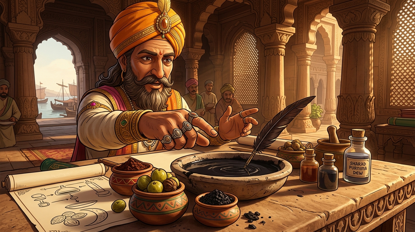 Vikramaditya explains the secret royal formula: Triphala and iron gall steeped in autumn dew