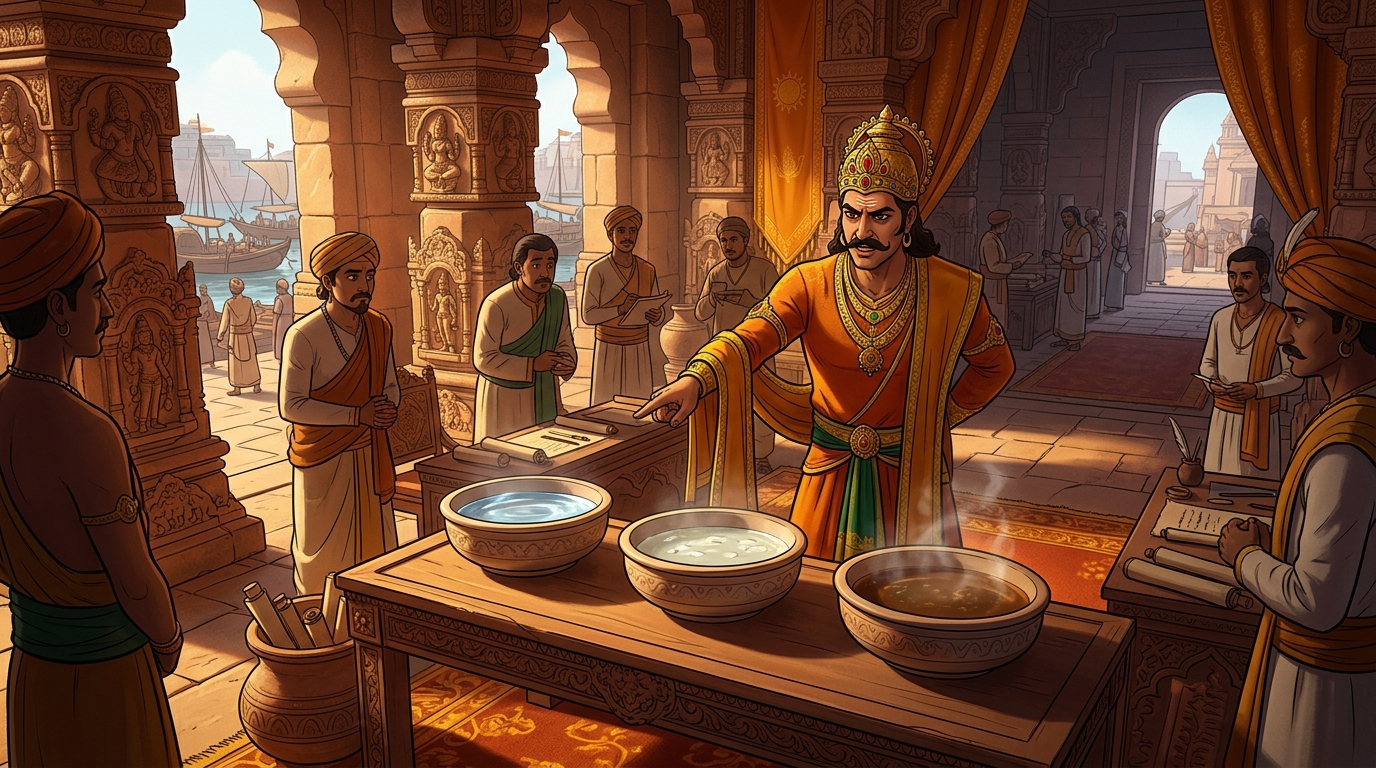 Vikramaditya orders three ceramic basins of testing liquids placed upon the judicial dais