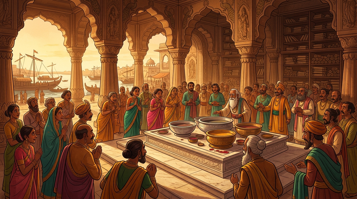 The entire royal court gathers in breathless curiosity around the testing basins