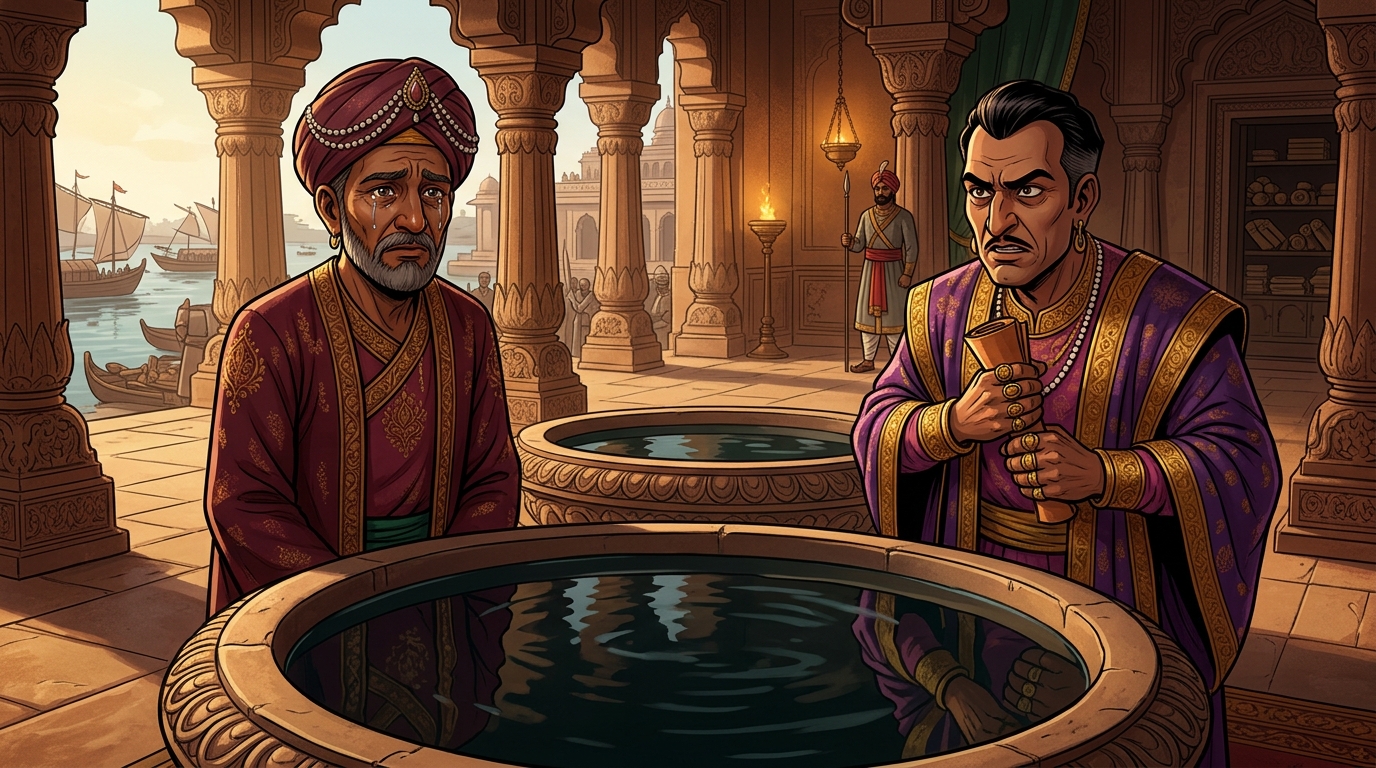 Vikramaditya summons both Charudatta and the nervous Chancellor Bhadrasena