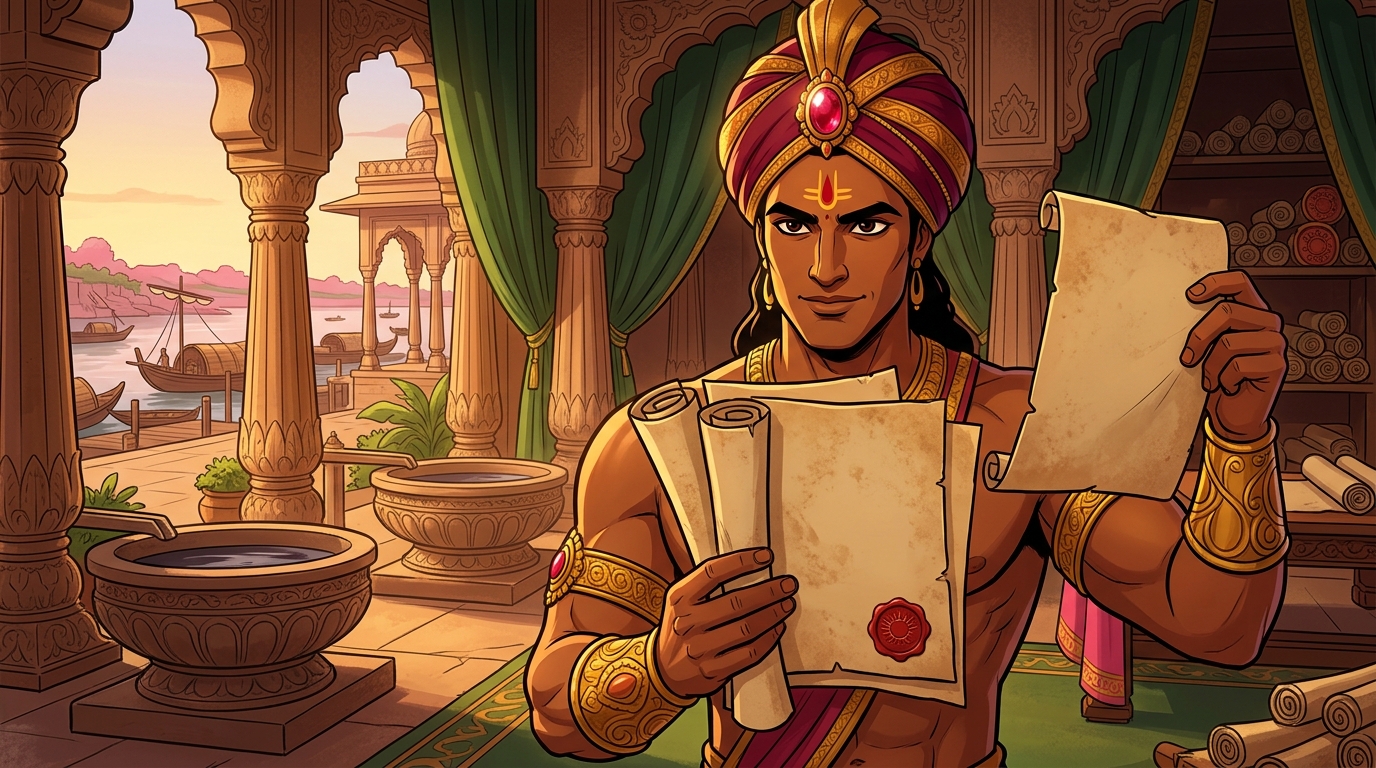Vikramaditya holds three genuine royal decrees alongside the disputed confiscation document
