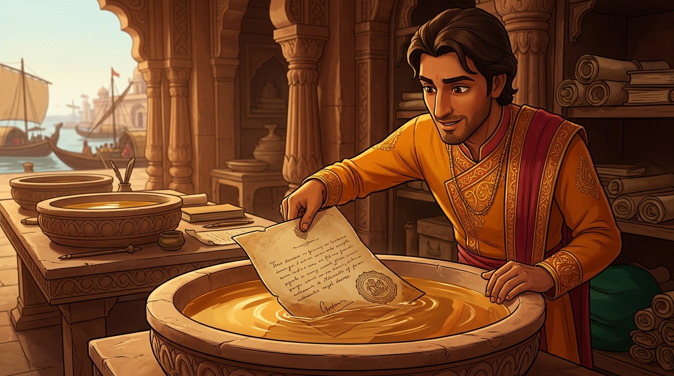 Vikramaditya gently dips the corner of an authentic royal decree into the warm camphor infusion