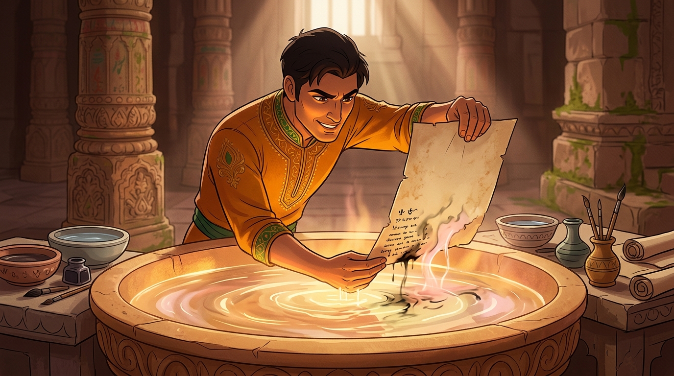 Vikramaditya submerges the text corner of the disputed merchant decree into the camphor liquid