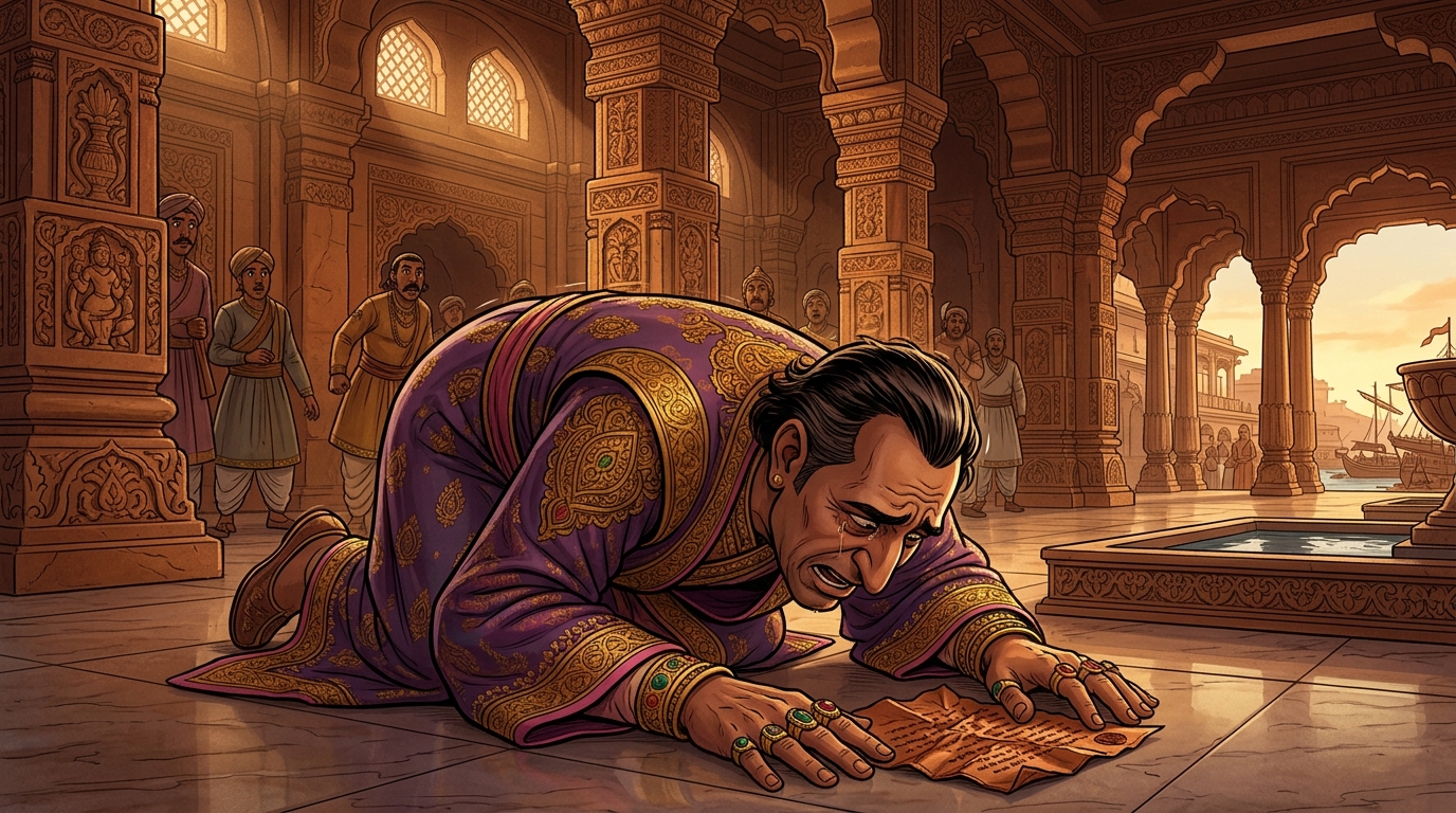 Caught in his own trap, Chancellor Bhadrasena collapses to the marble floor in terror