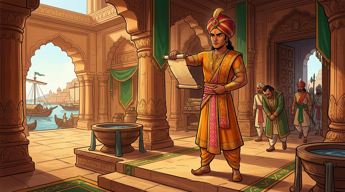 Vikramaditya strips the corrupt chancellor of his title, ordering him exiled