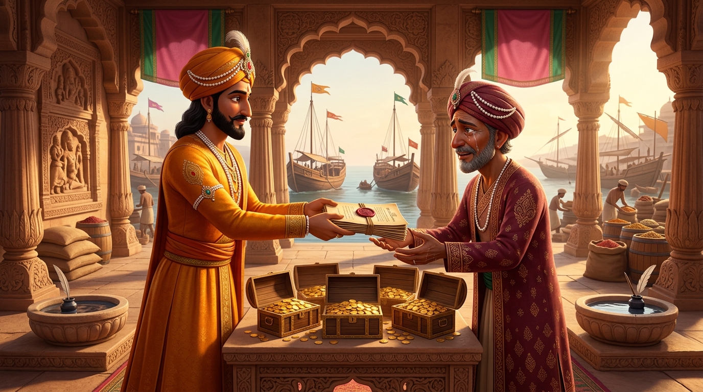 Vikramaditya hands the restored title deeds back to Charudatta plus five chests of gold