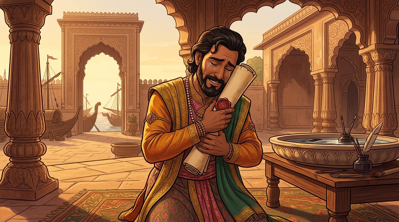 Merchant Charudatta weeps tears of boundless relief, embracing the royal decree