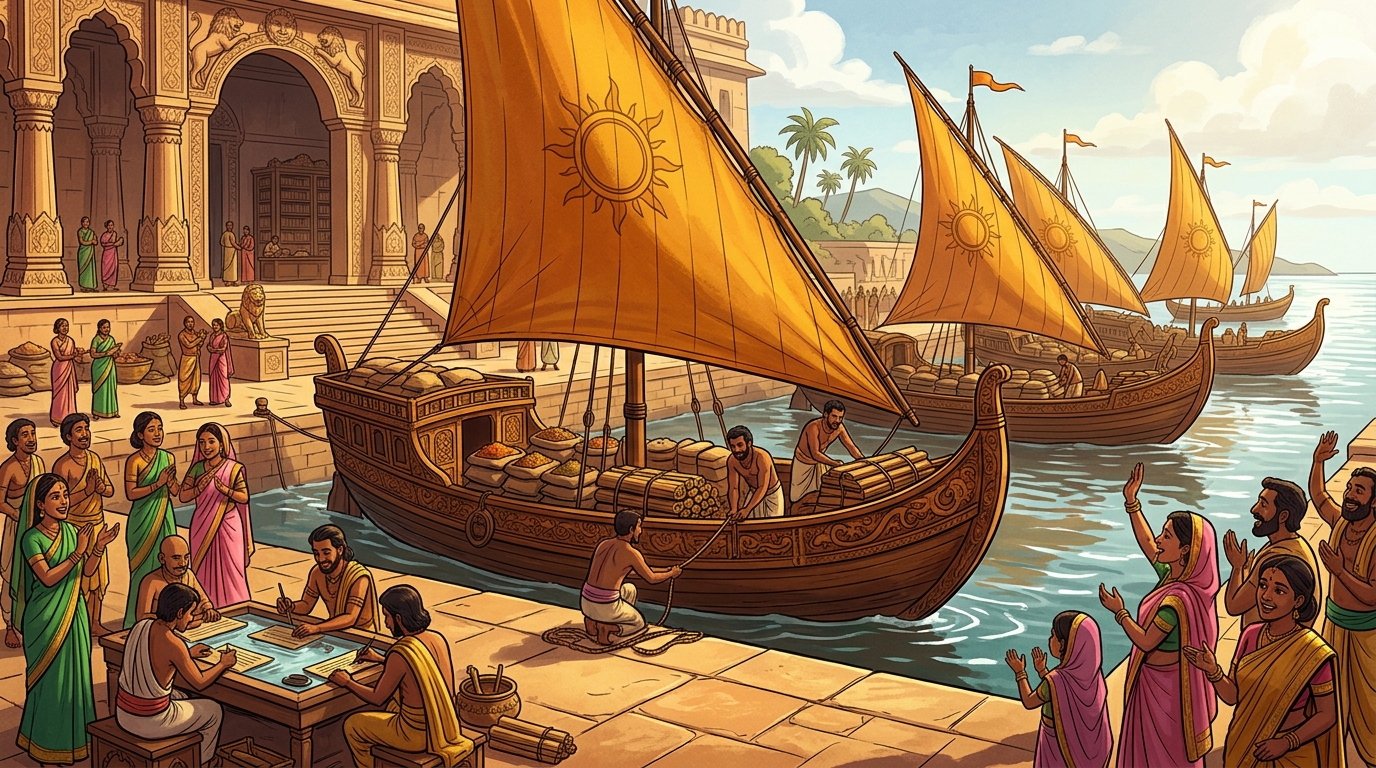 At the sunlit port of Sopara, the merchant's five grand wooden barges raise saffron sails