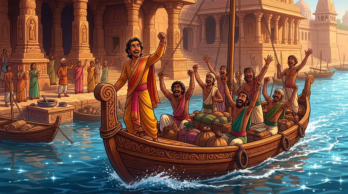 Charudatta and his crew set sail across the sparkling blue river, cheering Vikramaditya