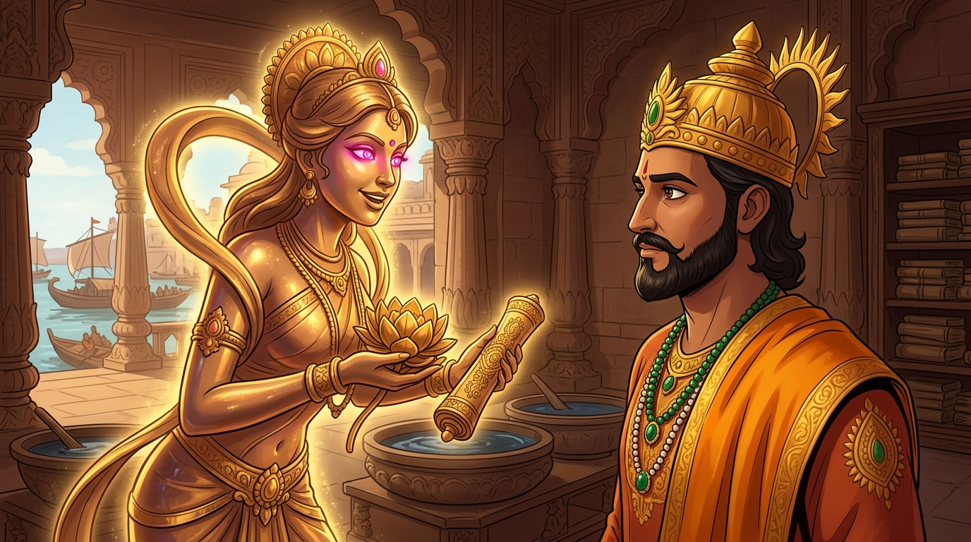 Back in Dharanagari palace, Padmavati looks directly at King Bhoja with glowing lotus-pink eyes
