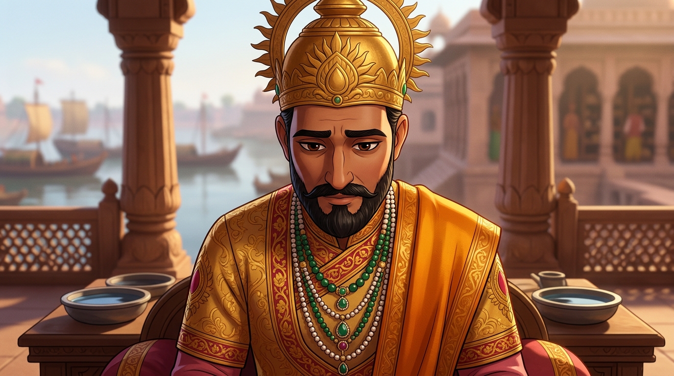 King Bhoja lowers his head in deep humility and introspection, acknowledging Vikramaditya's wisdom