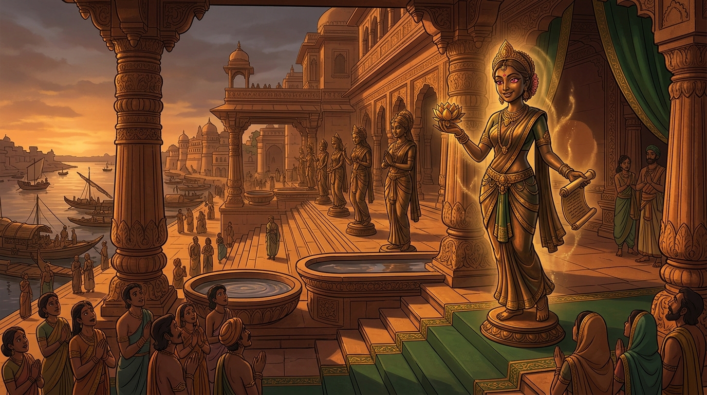 Twilight conches sound across Dharanagari as Padmavati smiles and freezes back into silent bronze