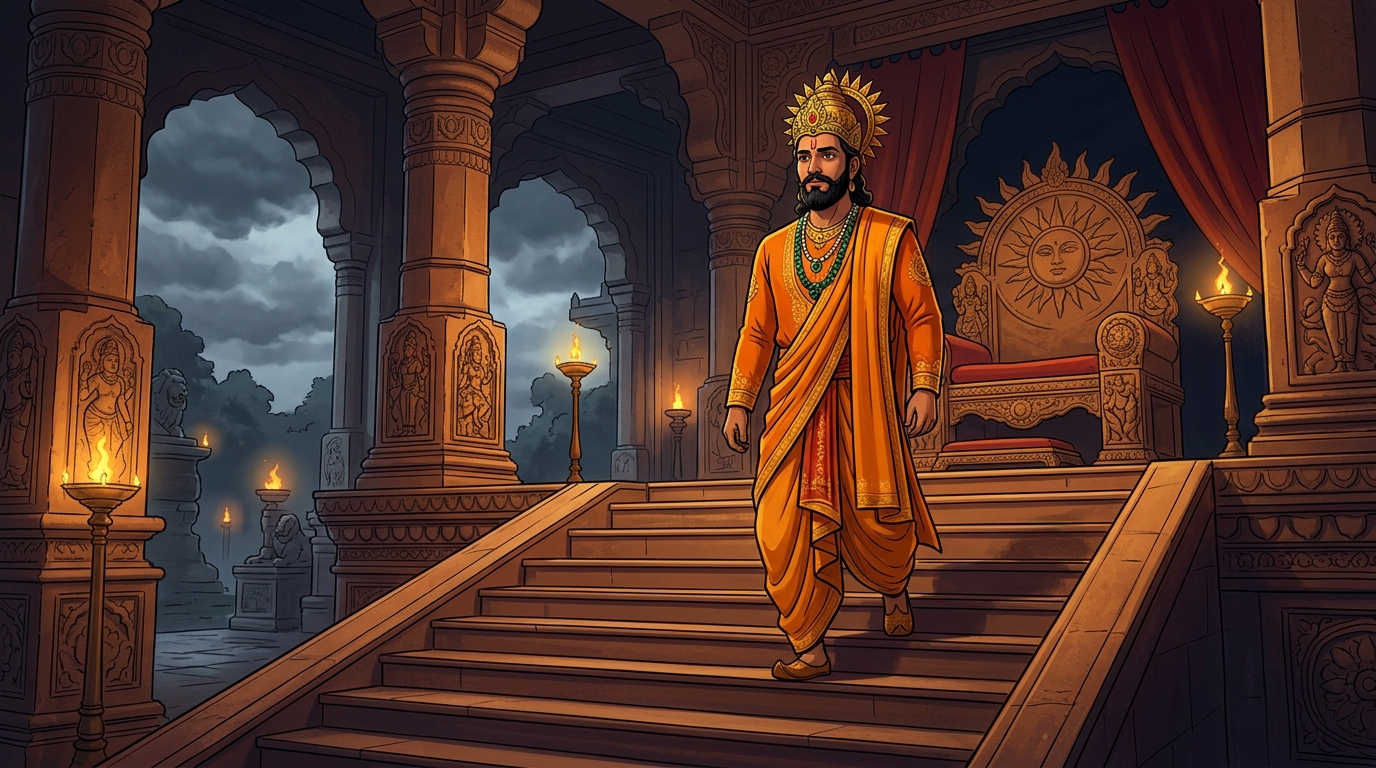 King Bhoja in sacred saffron silks approaches the eleventh step of the throne