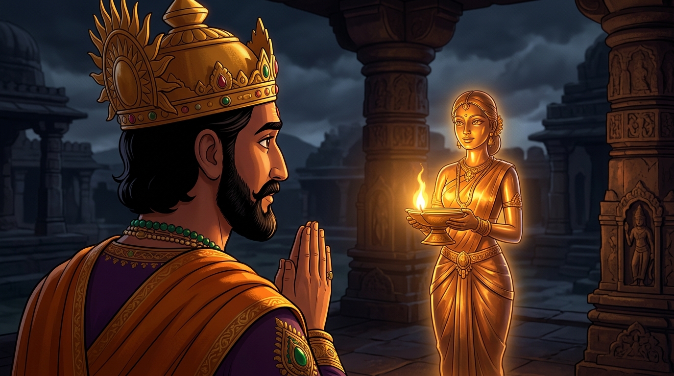 King Bhoja halts in deep reverence with folded hands, gazing at the living bronze maiden