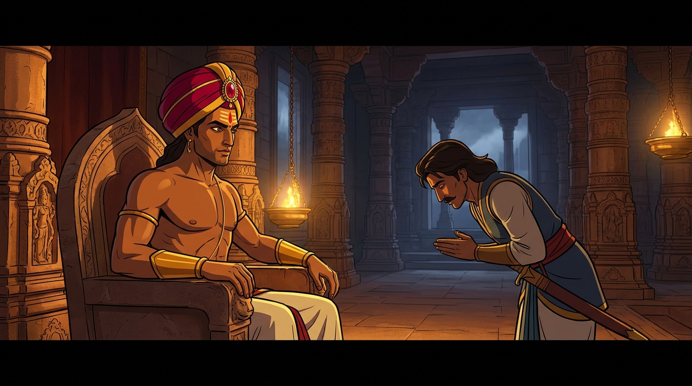 In the grand audience hall of ancient Ujjayini, Vikramaditya receives a warrior petitioner