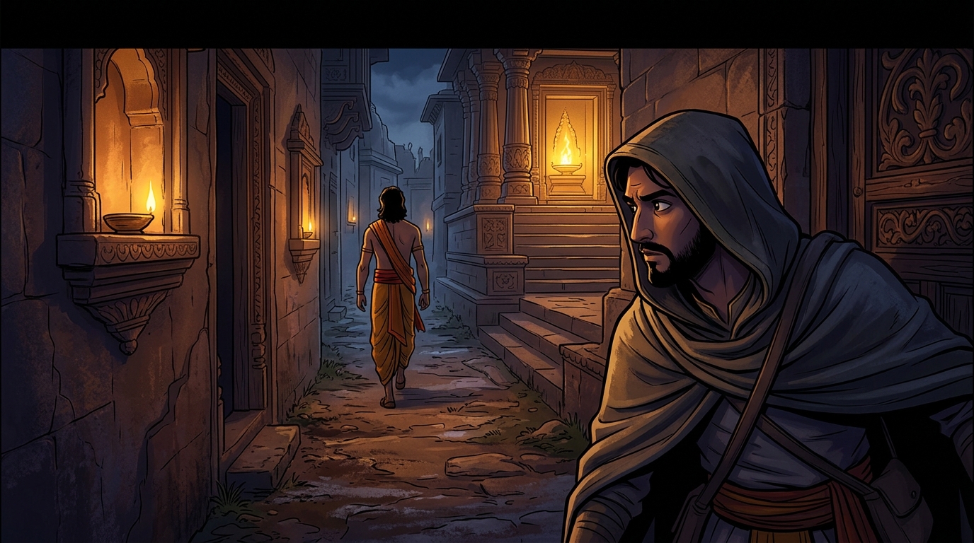 Disguised in traveler's cloak, Vikramaditya secretly follows Viravara through Ujjayini