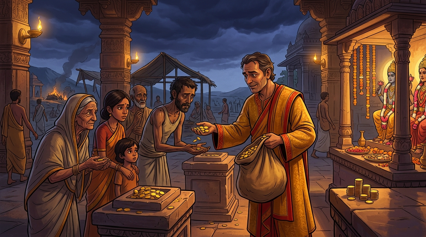 Viravara distributes four hundred and fifty gold dinars to deities, beggars, and widows