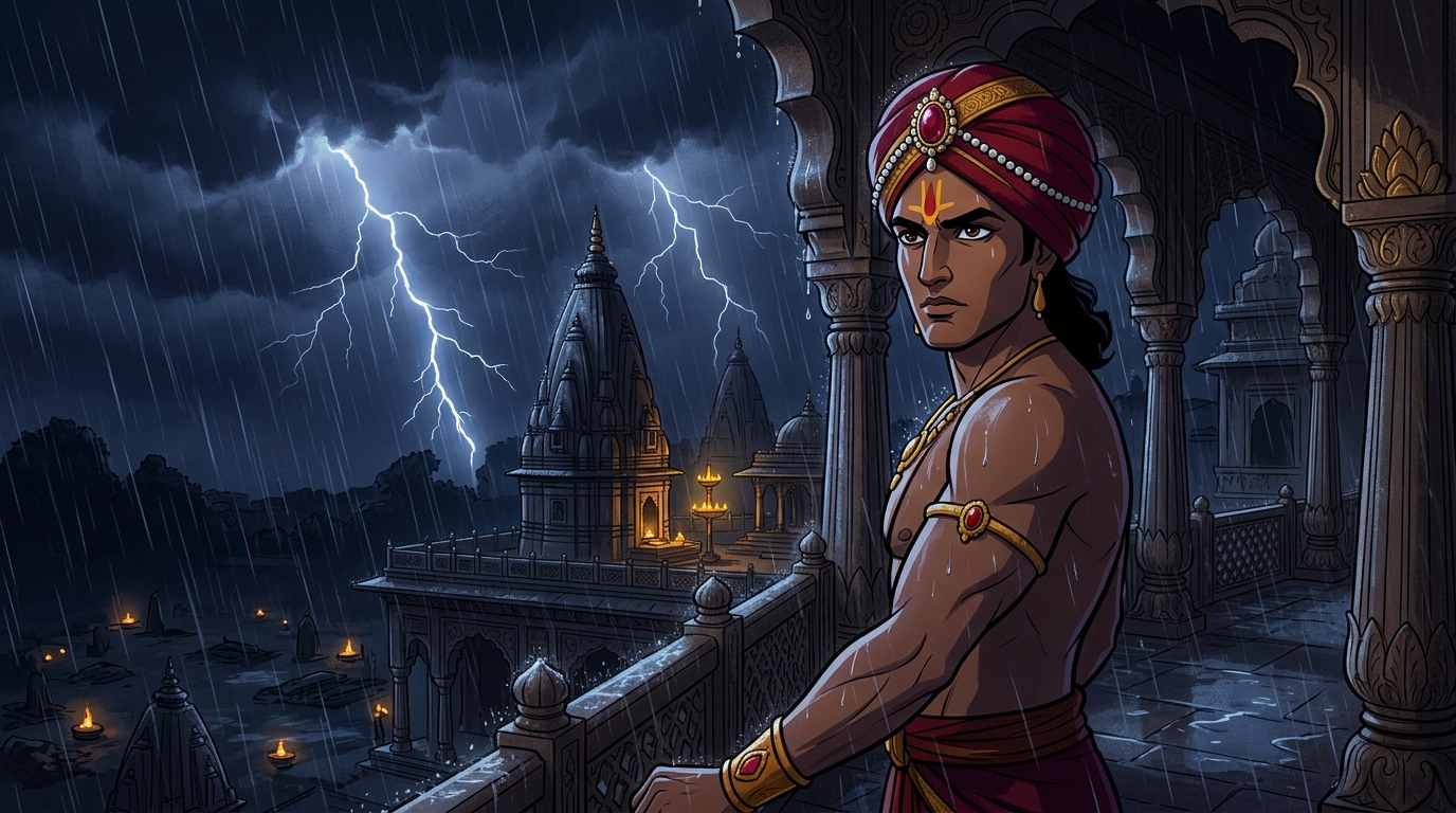 On a pitch-black stormy midnight with deafening thunder, Vikramaditya stands on the balcony
