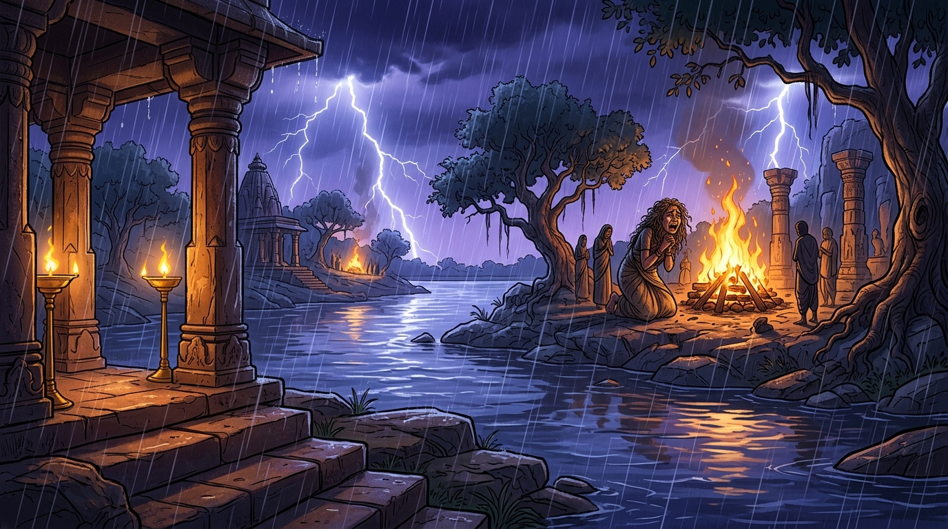 Piercing the storm thunder, an agonizing woman's weeping echoes from the distant cremation ground