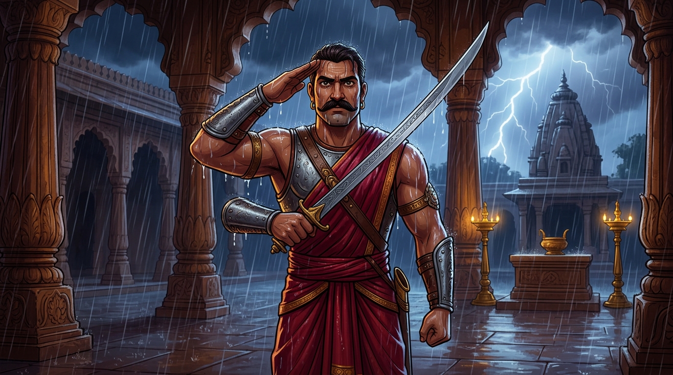 Standing drenched in torrential rain, Viravara salutes with his steel sword