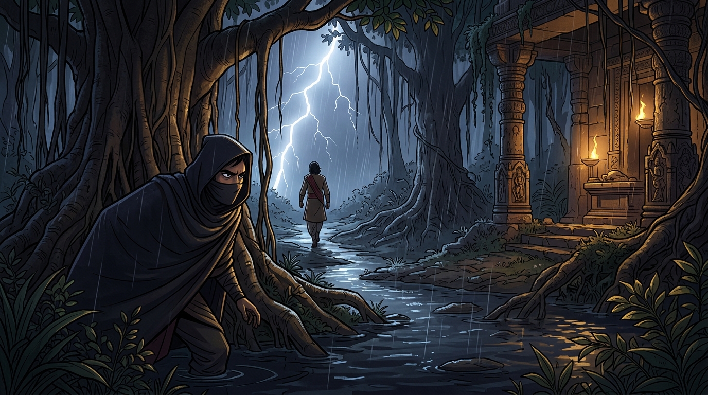 Wrapped in a dark warrior cloak, Vikramaditya secretly follows Viravara through the flooded forest
