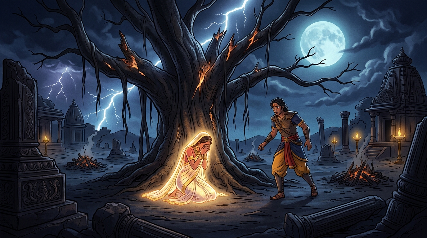 In the eerie moonlit cremation grounds beneath a banyan tree, Viravara discovers a radiant celestial woman weeping