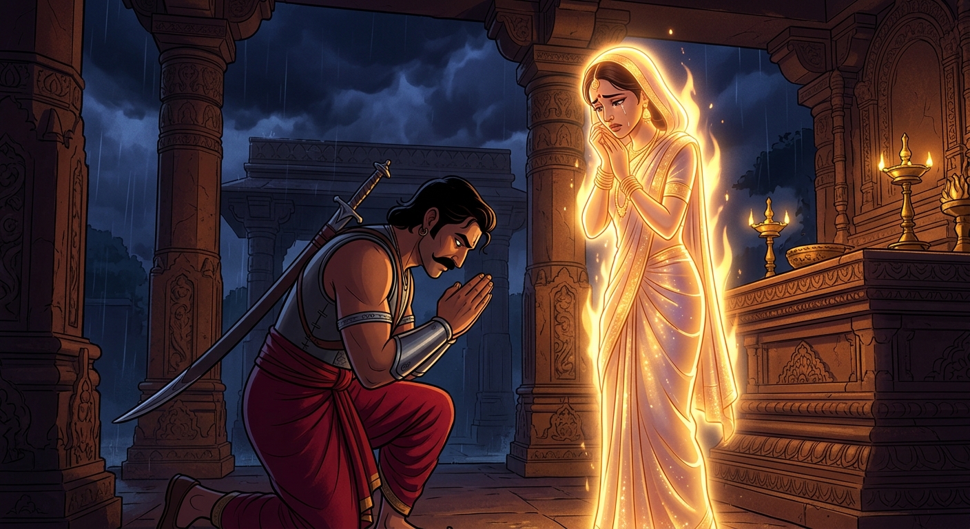 Viravara bows respectfully before the divine glowing figure, asking the cause of her grief