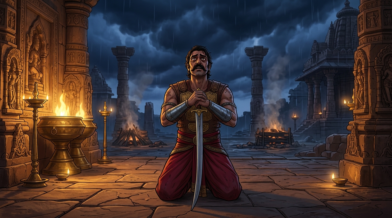 Devastated, Viravara falls to his knees: 'Is there no sacrifice that can avert the Emperor's death?'